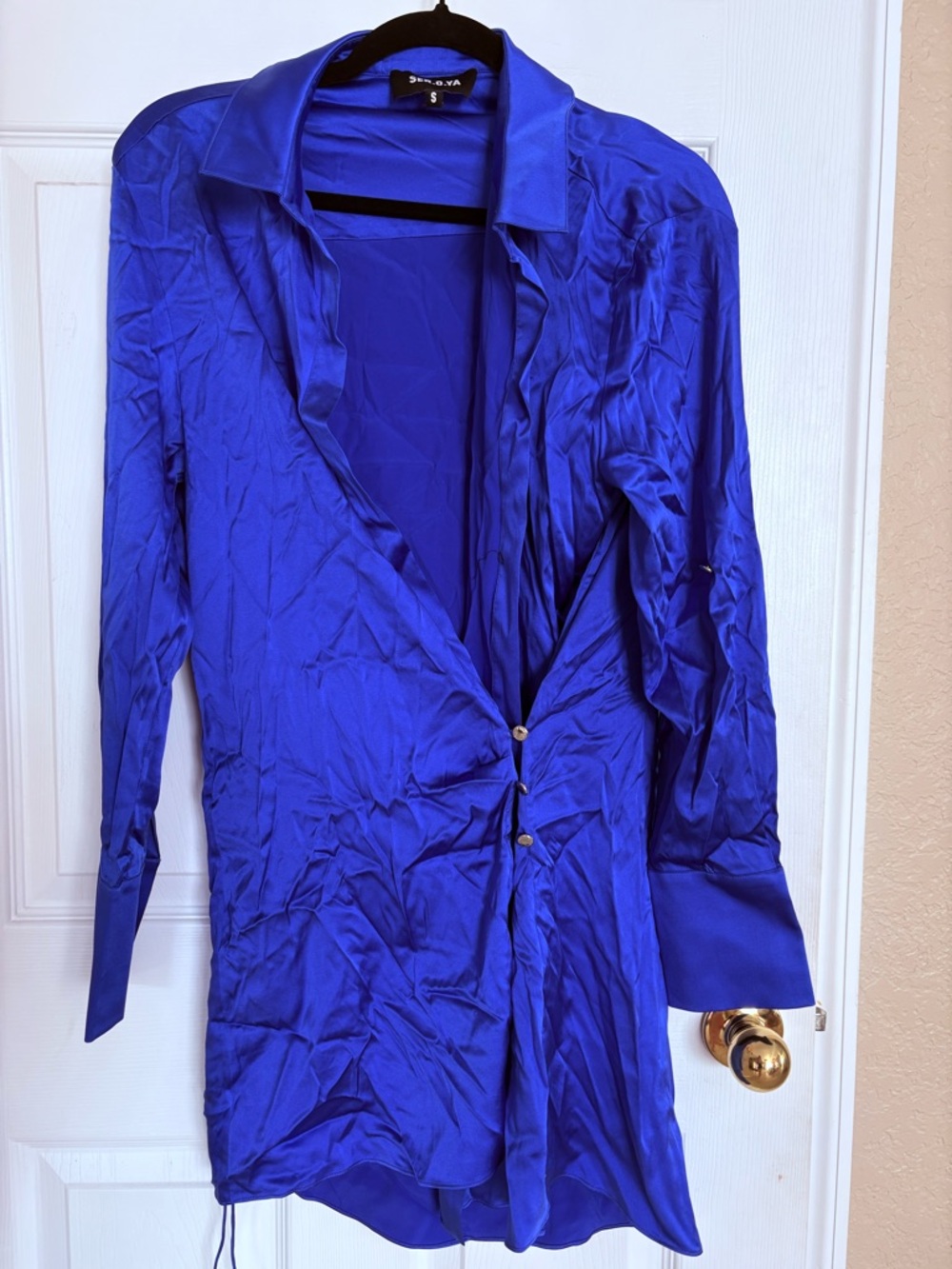 SERO.YA Blue Satin Button Down Shirt Dress Small Long Sleeve NWOT